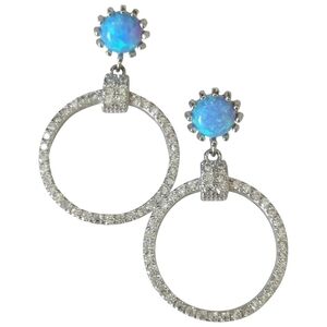 NEW, cz hoop earrings with blue opal in Sterling Silver